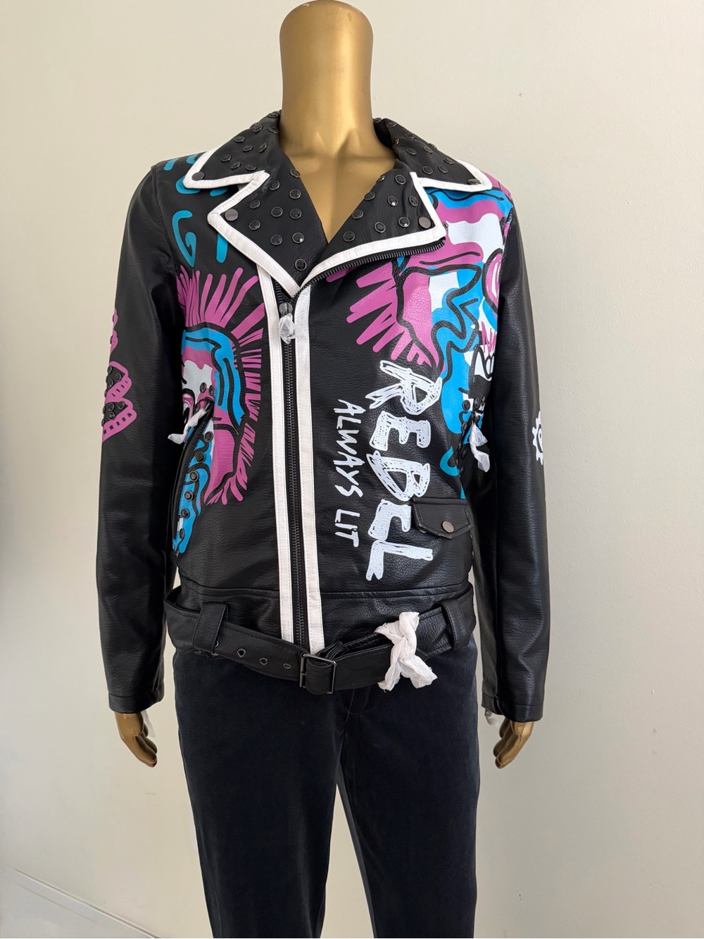 Rebel Leather black Moto Jacket with Pink & Blue Graphic Accents.